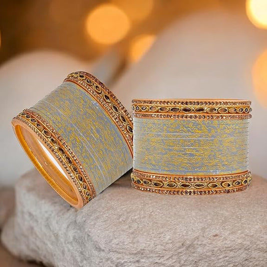 Tehzeeb Creations Bridal Bangle set Wedding Punjabi chuda Designer chura CZ Stone with Kundan Stone Grey Color choora - Swadesiicart