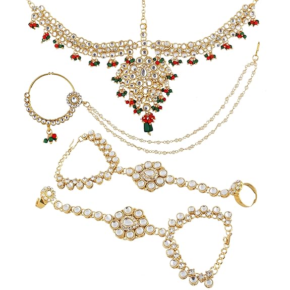 Tehzeeb Creations Traditional Gold-Polished Designer Multi Color Dulhan Choker Kundan Bridal Set | Swadesiicart