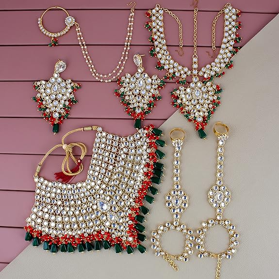 Tehzeeb Creations Traditional Gold-Polished Designer Multi Color Dulhan Choker Kundan Bridal Set | Swadesiicart