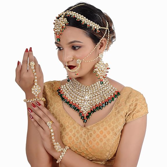 Tehzeeb Creations Traditional Gold-Polished Designer Multi Color Dulhan Choker Kundan Bridal Set | Swadesiicart