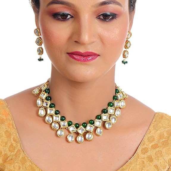 Tehzeeb Creations Back Meenakari Gold-Polished Green Color Earring Jewellery Set Uncut Kundan Big Faux Kundan Dibbi Kundan Choker Necklace Set | Swadesiicart