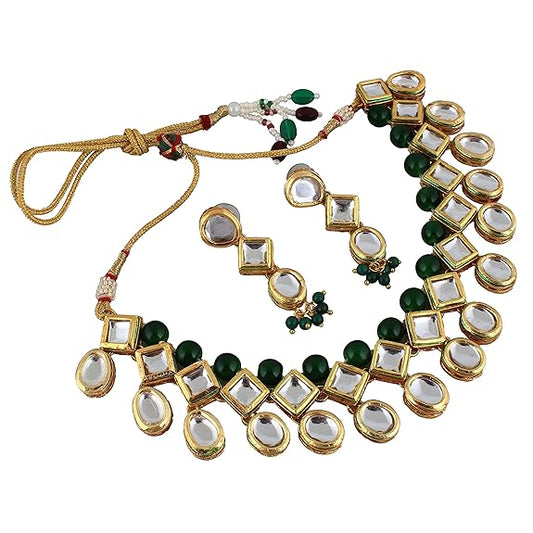 Tehzeeb Creations Back Meenakari Gold-Polished Green Color Earring Jewellery Set Uncut Kundan Big Faux Kundan Dibbi Kundan Choker Necklace Set | Swadesiicart