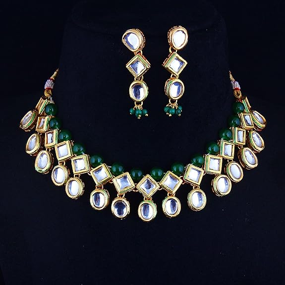 Tehzeeb Creations Back Meenakari Gold-Polished Green Color Earring Jewellery Set Uncut Kundan Big Faux Kundan Dibbi Kundan Choker Necklace Set | Swadesiicart