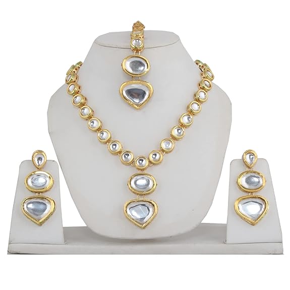 Tehzeeb Creations Back Meenakari Gold-Polished White Color Tika Earring Jewellery Set Uncut Kundan Big Faux Kundan Dibbi Kundan Choker Necklace Set | Swadesiicart
