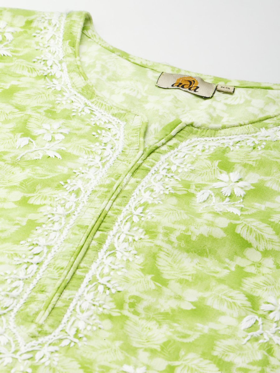 ADA Women Green & White Floral Chikankari Cotton Handloom Kurta | Swadesiicart