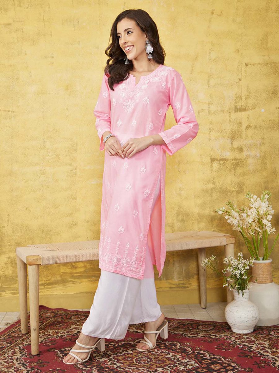 ADA Women Pink & White Chikankari Embroidered Straight Sustainable Handloom Kurta | Swadesiicart