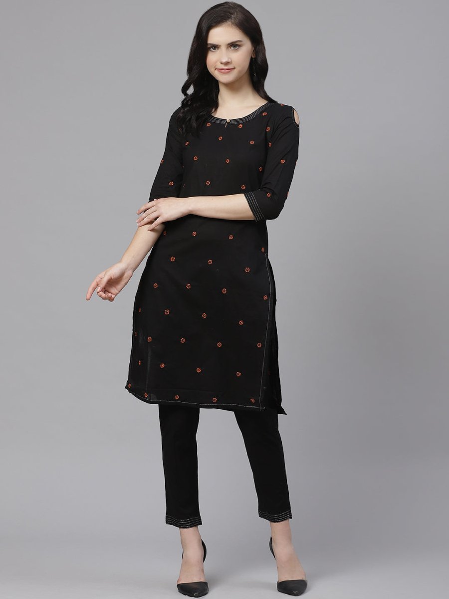 ADA Women Black & Rust Orange Chikankari Embroidered Sustainable Handloom Kurta with Trousers | Swadesiicart
