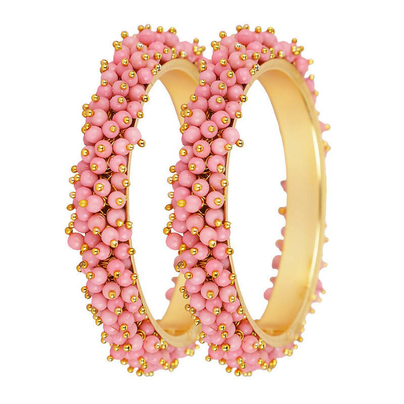Mominos Fashion Joharkamal Gold-Polished Baby Pink Beads Work Bangles - Swadesiicart