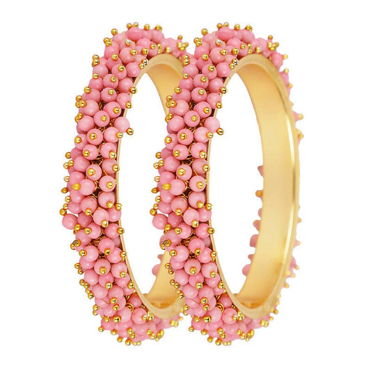 Mominos Fashion Joharkamal Gold-Polished Baby Pink Beads Work Bangles - Swadesiicart