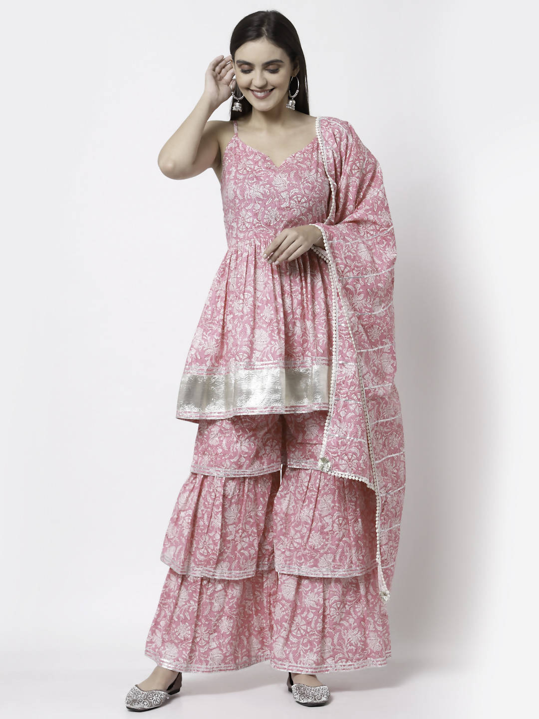 Myshka Women Pink Pure Cotton Printed Sleeveless Round Neck Kurta With Sharara & Dupatta Set | Swadesiicart