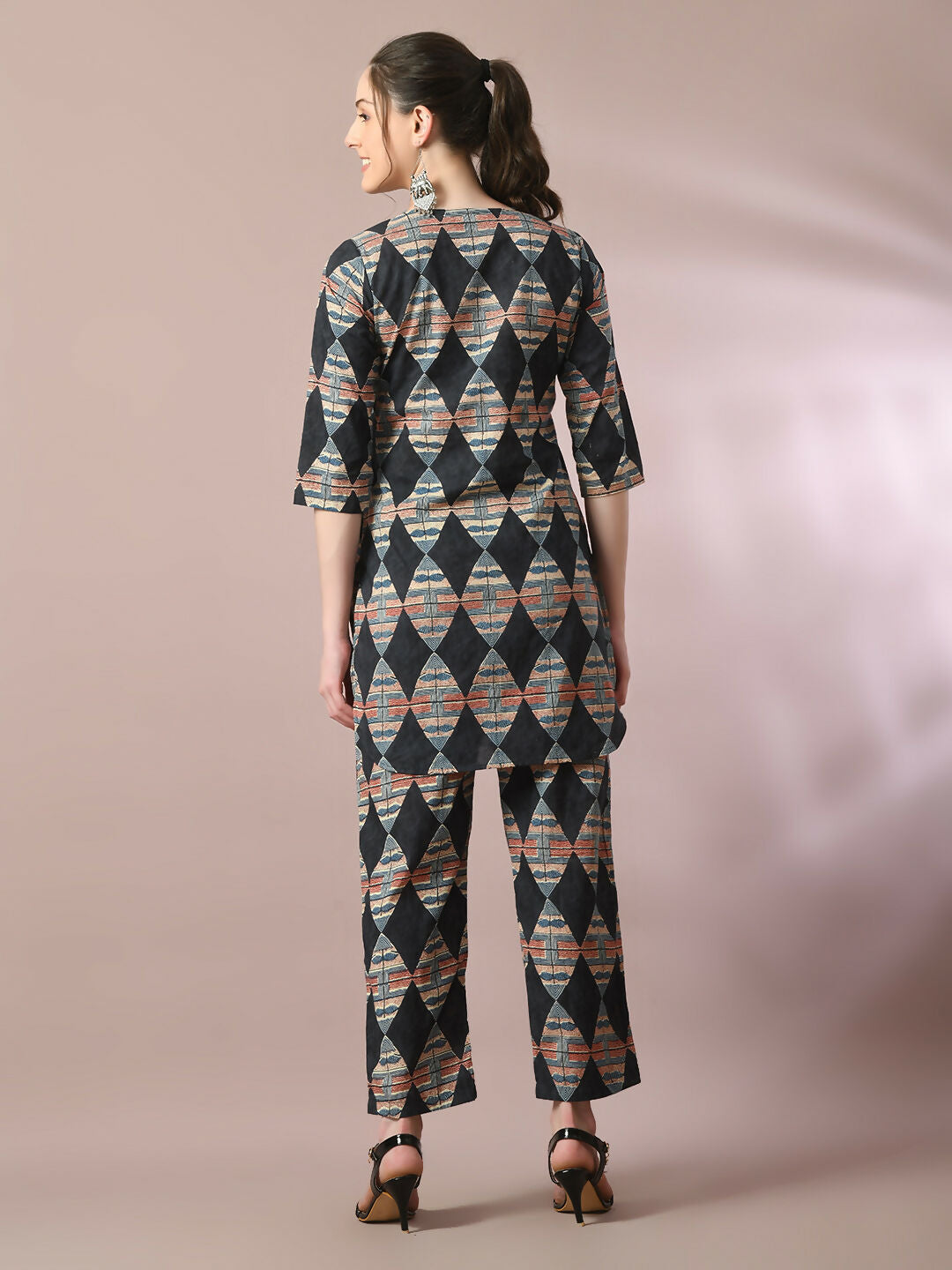 Myshka Women's Multi Printed Cotton Round Neck Party Tunic With Trousers Co-ord set - Swadesiicart
