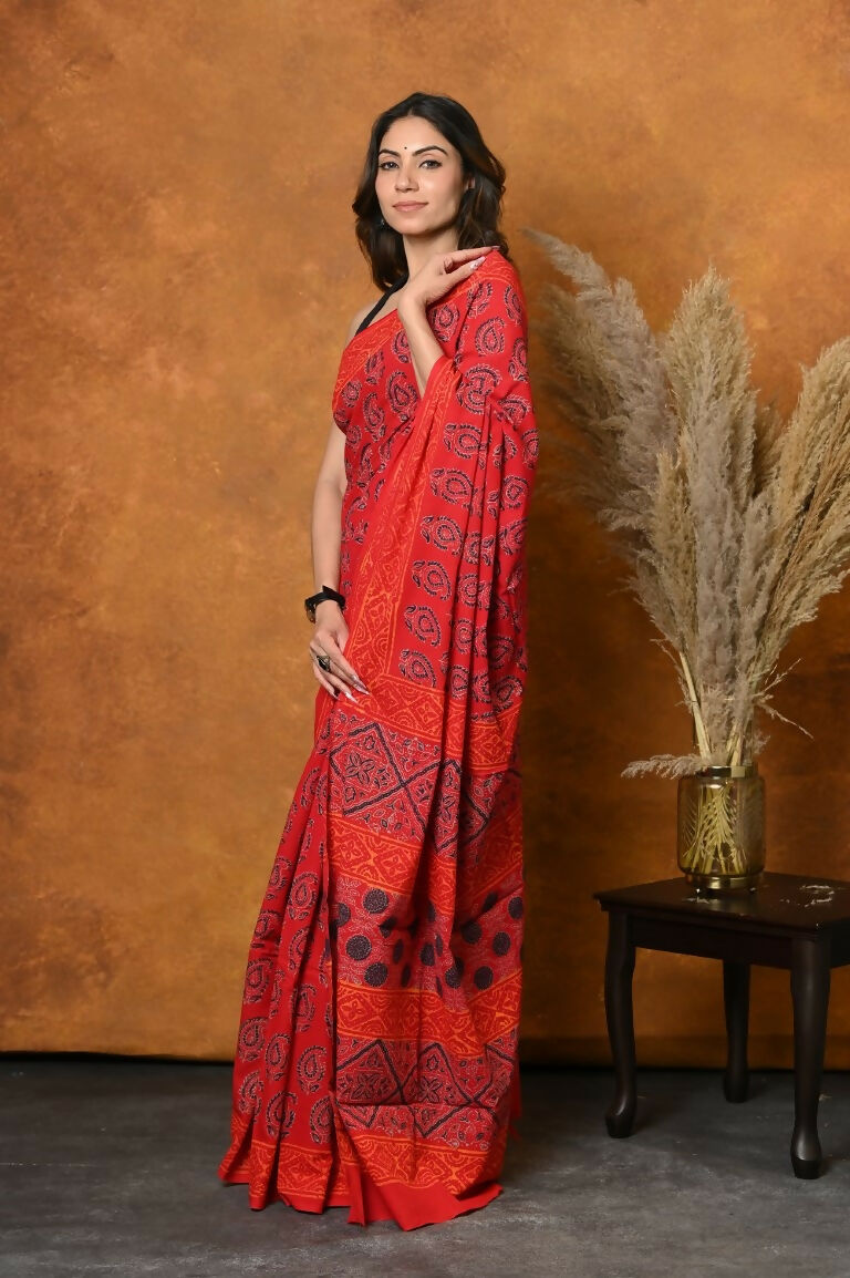 Very Much Indian Handblock Printed Cotton Saree With Natural Dyes - Red | Swadesiicart