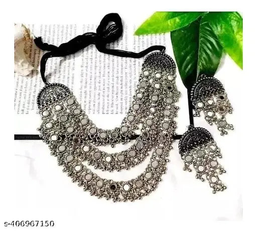 Tehzeeb Creations Women's Silver Colour Oxidised Necklace Set With Mirror Work - Swadesiicart