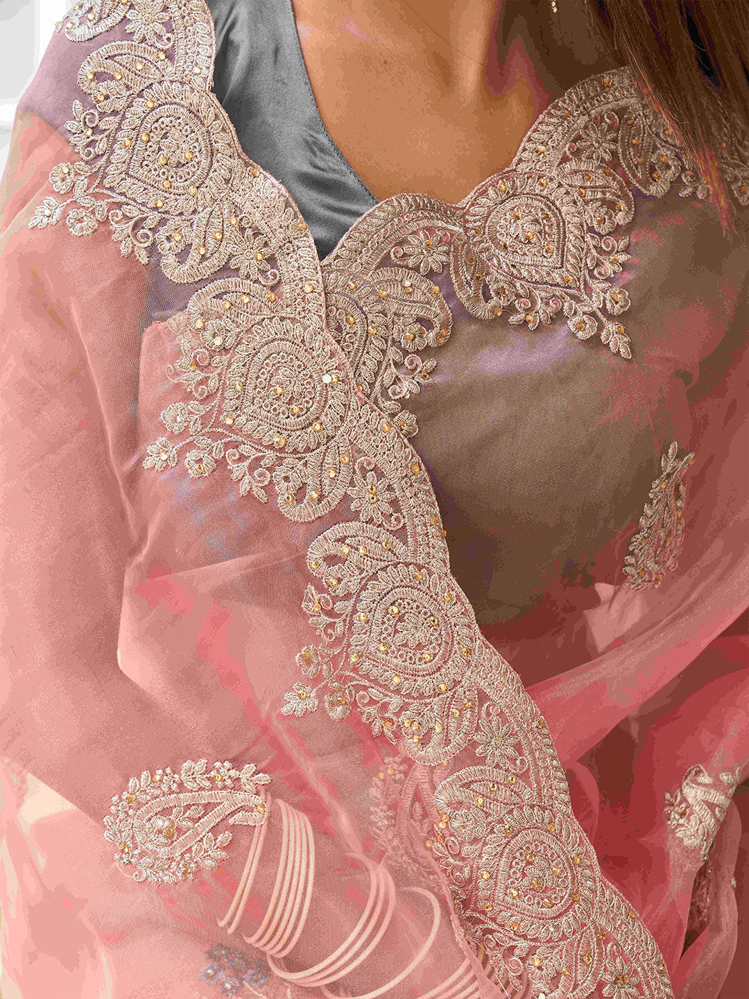 Tikhi Imli Floral Beads and Stones Organza Heavy Work Saree | Swadesiicart