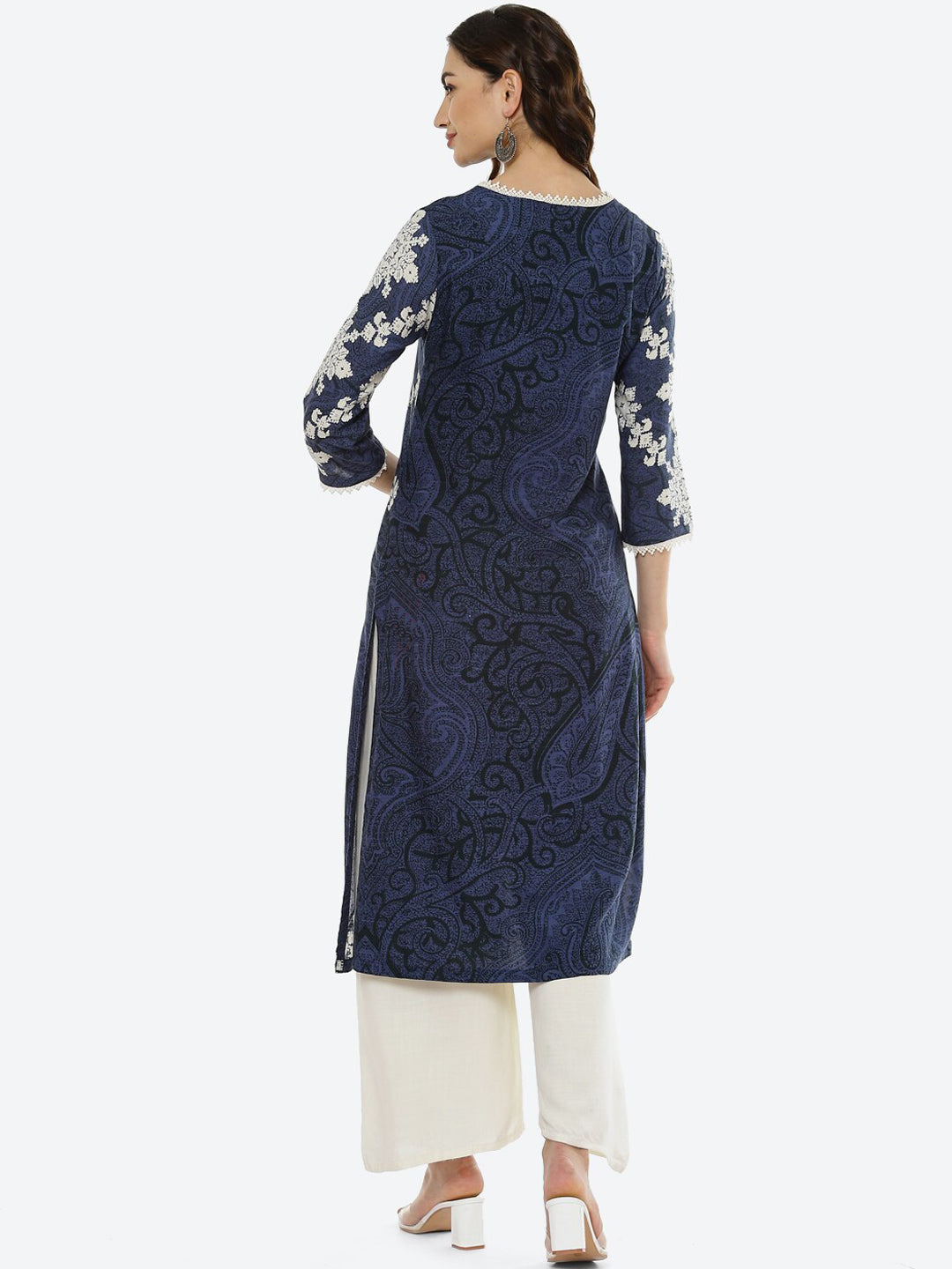 Biba Women Navy Blue & White Ethnic Motifs Printed Kurta - Swadesiicart