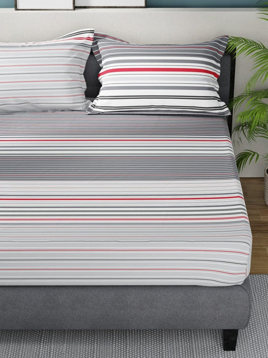 Nautica Bradford Grey & White Striped Cotton 160 TC King Bedsheet With 2 Pillow Covers - Swadesiicart