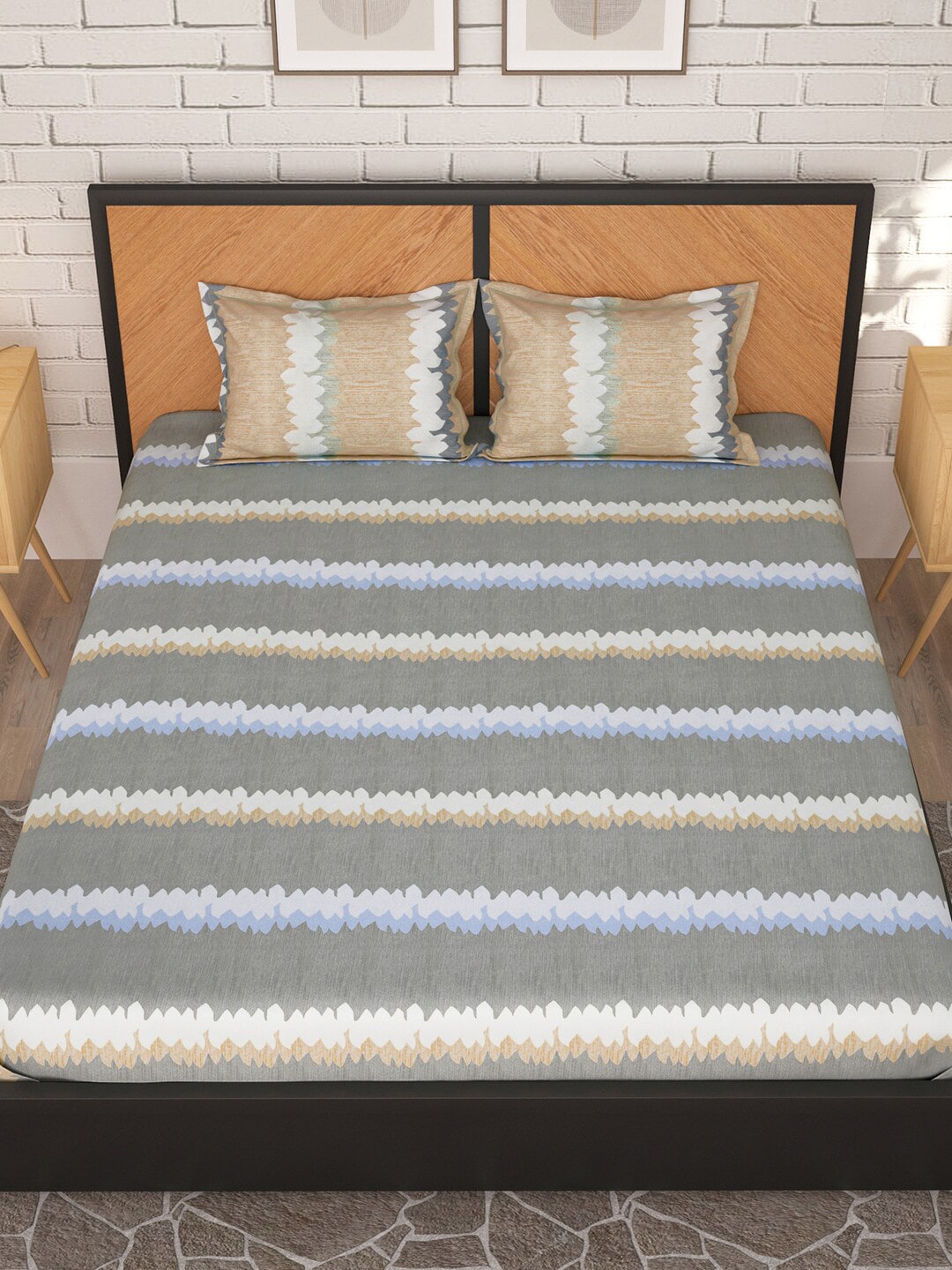Story@home Grey & Peach-Coloured Striped 180 TC Queen Bedsheet With 2 Pillow Covers - Swadesiicart