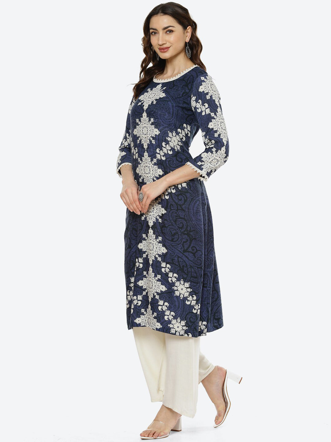 Biba Women Navy Blue & White Ethnic Motifs Printed Kurta - Swadesiicart