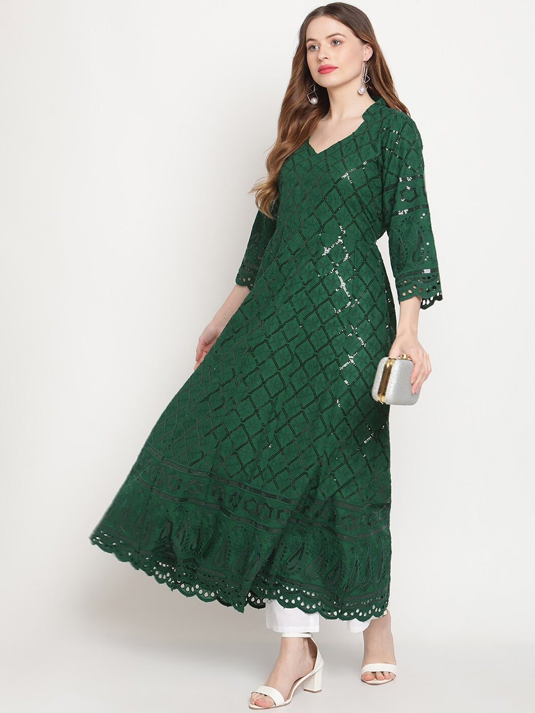 Kalini Ethnic Motifs Embroidered Chikankari Cotton Anarkali Kurta | Swadesiicart