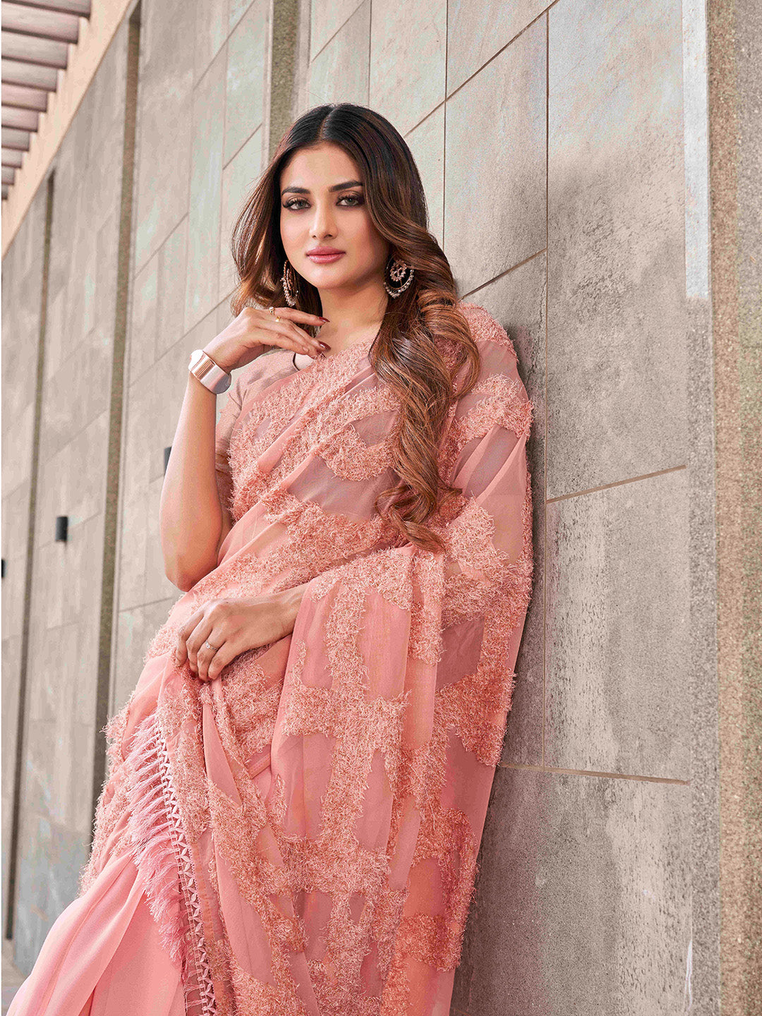 Tikhi Imli Peach Abstract Woven Design Half And Half Saree | Swadesiicart