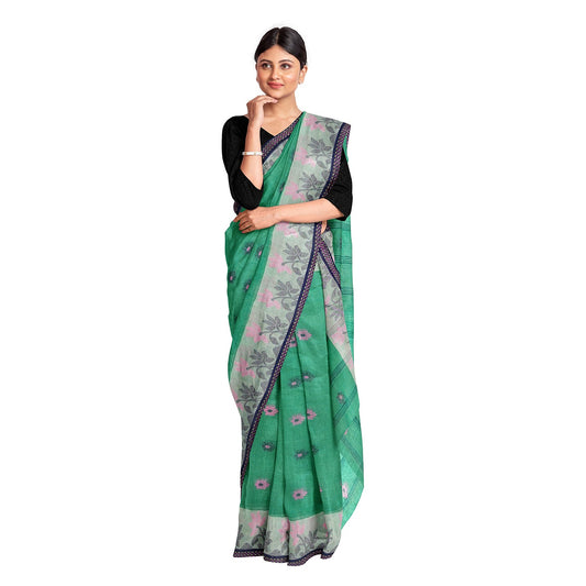 Exclusive Collection 100% Pure Cotton Green Tant Saree With Hand Weaving Work - Swadesiicart