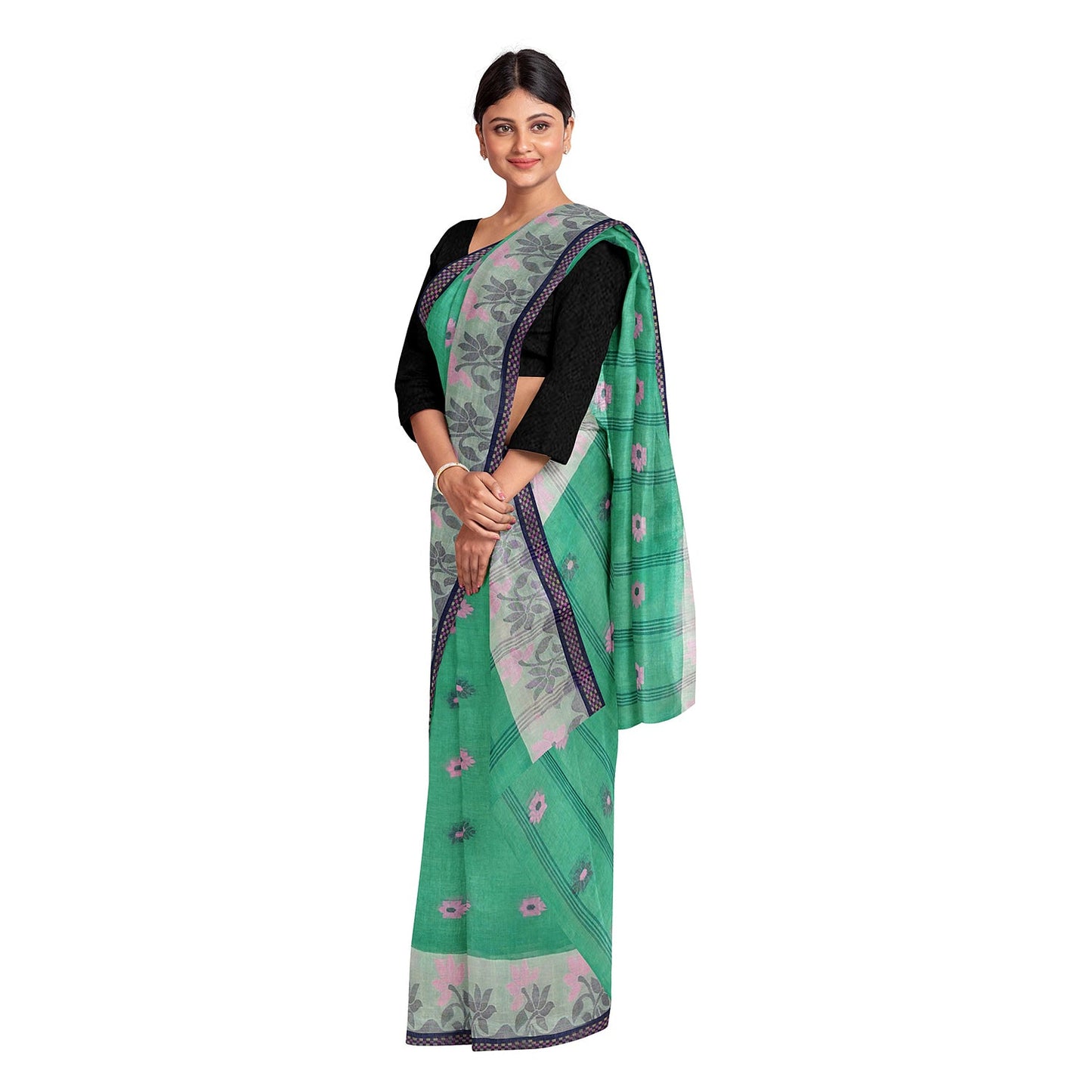 Exclusive Collection 100% Pure Cotton Green Tant Saree With Hand Weaving Work - Swadesiicart