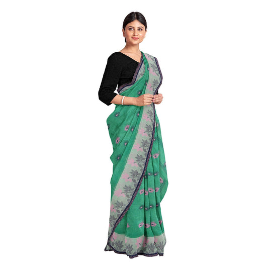 Exclusive Collection 100% Pure Cotton Green Tant Saree With Hand Weaving Work - Swadesiicart