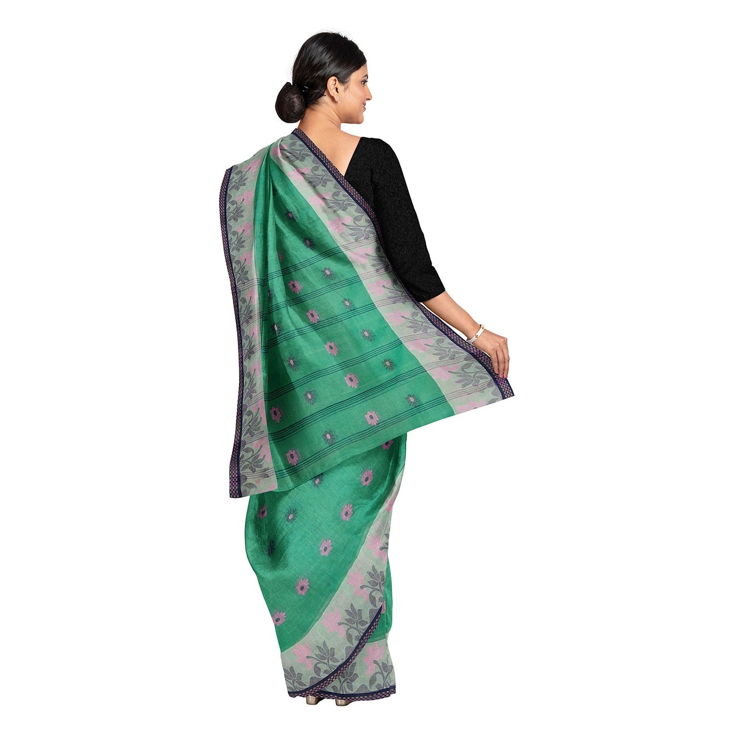 Exclusive Collection 100% Pure Cotton Green Tant Saree With Hand Weaving Work - Swadesiicart