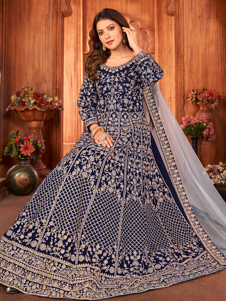 Myra Navy Blue Velvet Embroidered Anarkali Suit | Swadesiicart