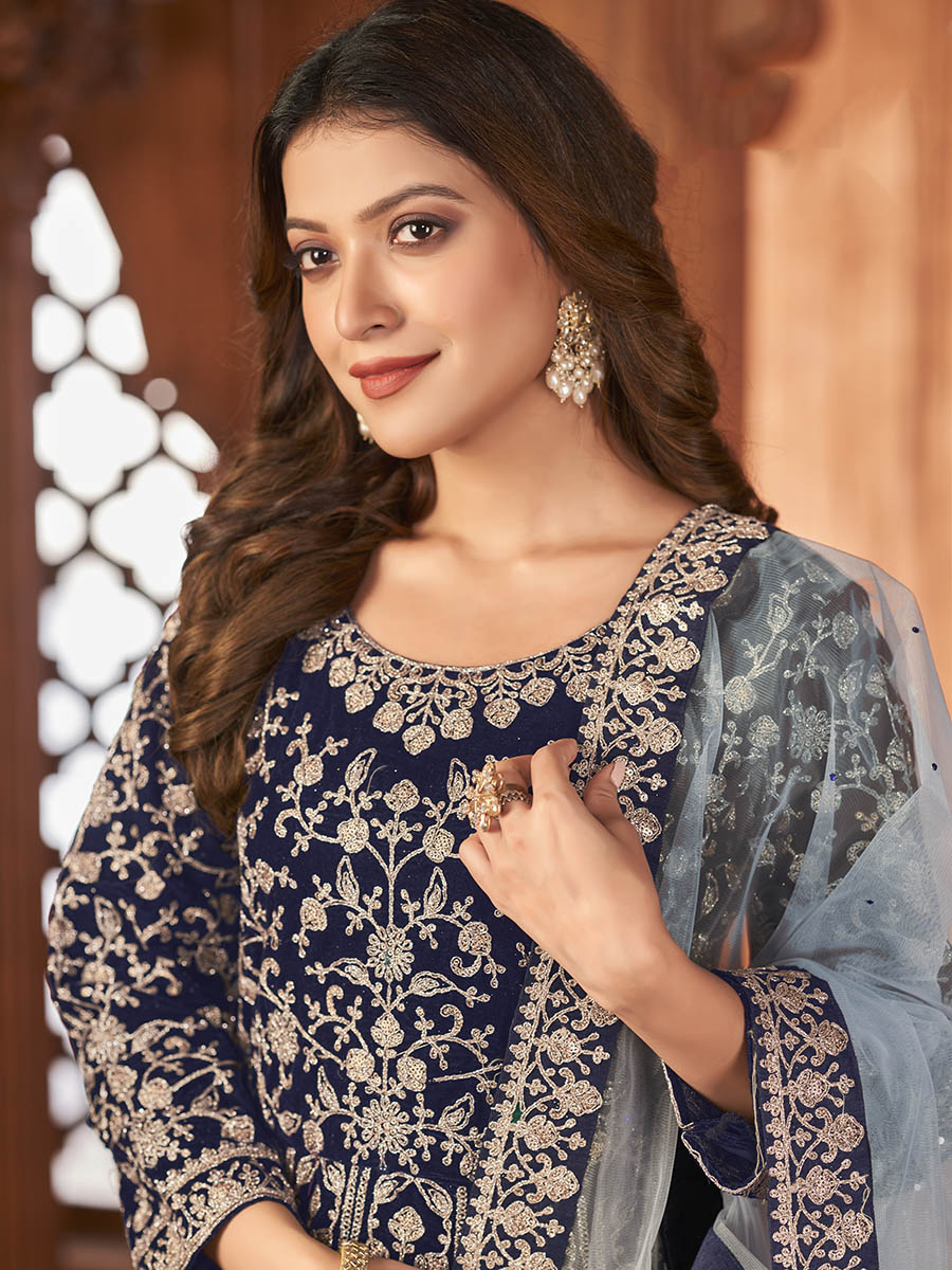 Myra Navy Blue Velvet Embroidered Anarkali Suit | Swadesiicart