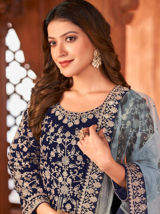 Myra Navy Blue Velvet Embroidered Anarkali Suit | Swadesiicart
