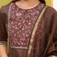 Vishudh Brown Ethnic Motifs Embroidered Kurta & Trousers With Dupatta - Swadesiicart