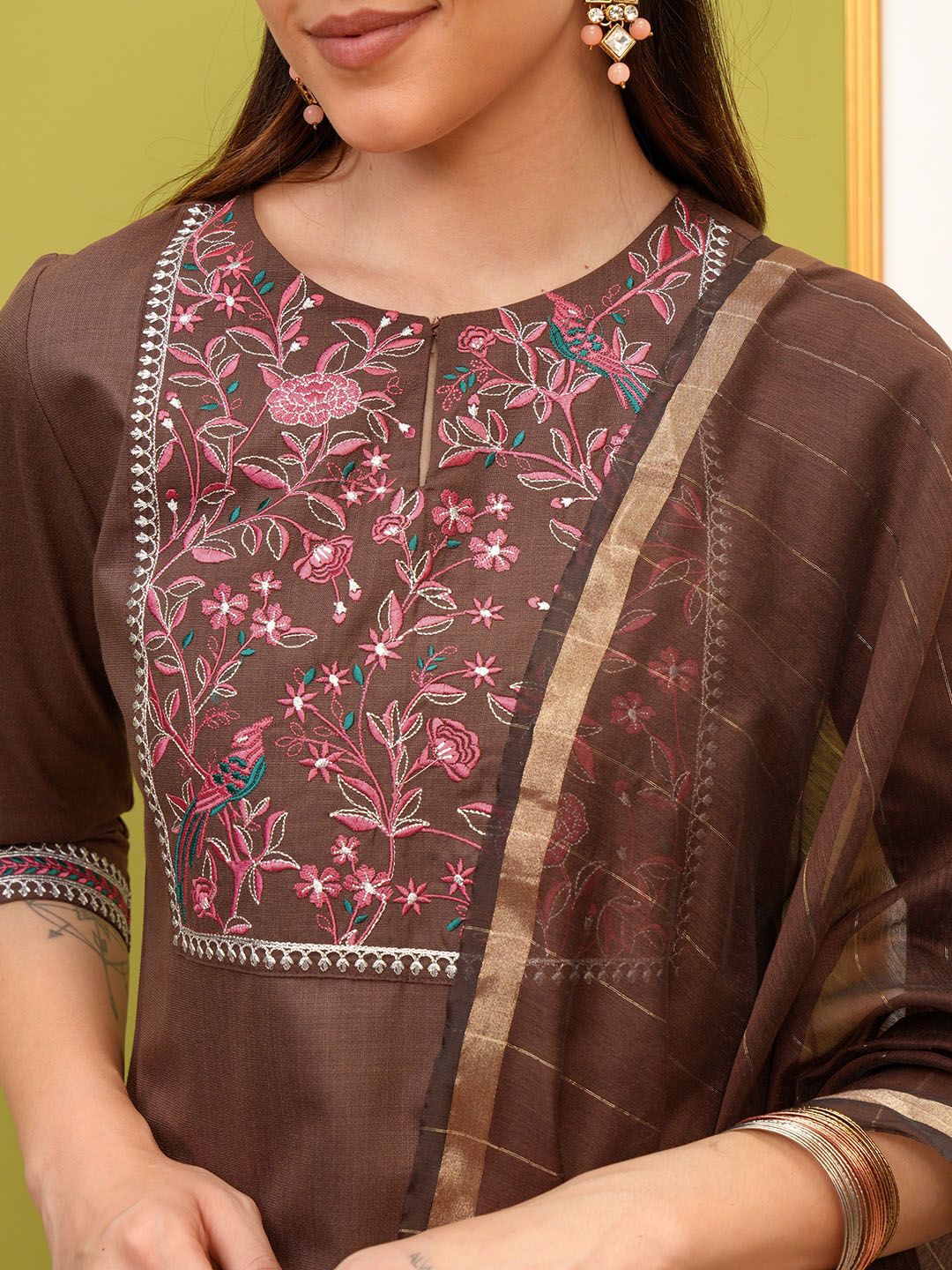 Vishudh Brown Ethnic Motifs Embroidered Kurta & Trousers With Dupatta - Swadesiicart