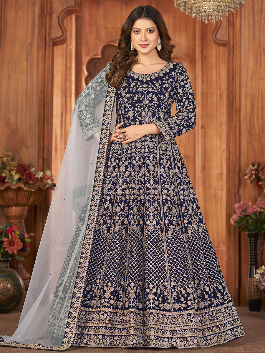 Myra Navy Blue Velvet Embroidered Anarkali Suit | Swadesiicart