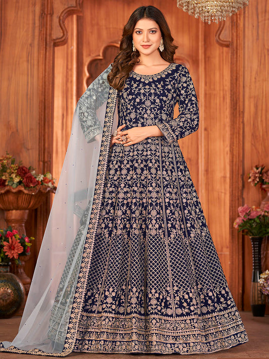 Myra Navy Blue Velvet Embroidered Anarkali Suit | Swadesiicart