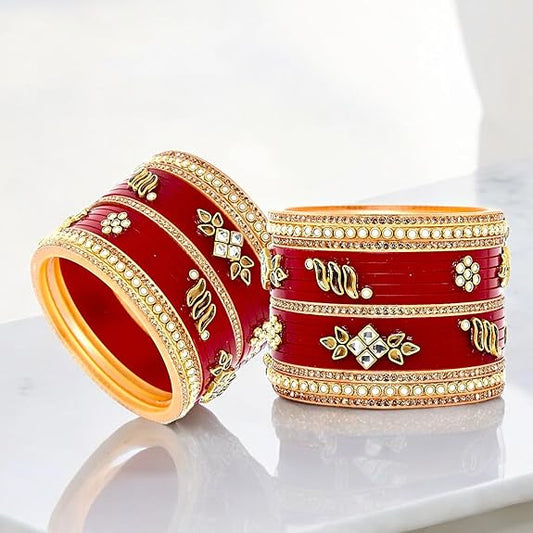 Tehzeeb Creations Bridal Bangle set Wedding punjabi chuda Designer chura Kundan Stone with Pearl Maroon Color choora - Swadesiicart
