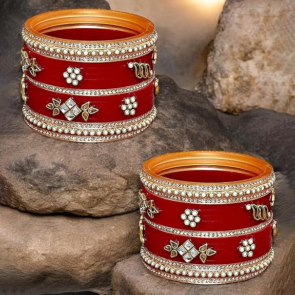 Tehzeeb Creations Bridal Bangle set Wedding punjabi chuda Designer chura Kundan Stone with Pearl Maroon Color choora - Swadesiicart