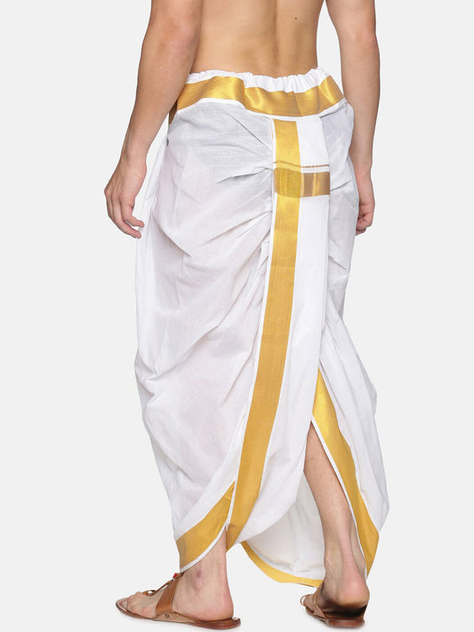 Sethukrishna Men White & Gold-Coloured Solid Readymade Dhoti Pant | Swadesiicart