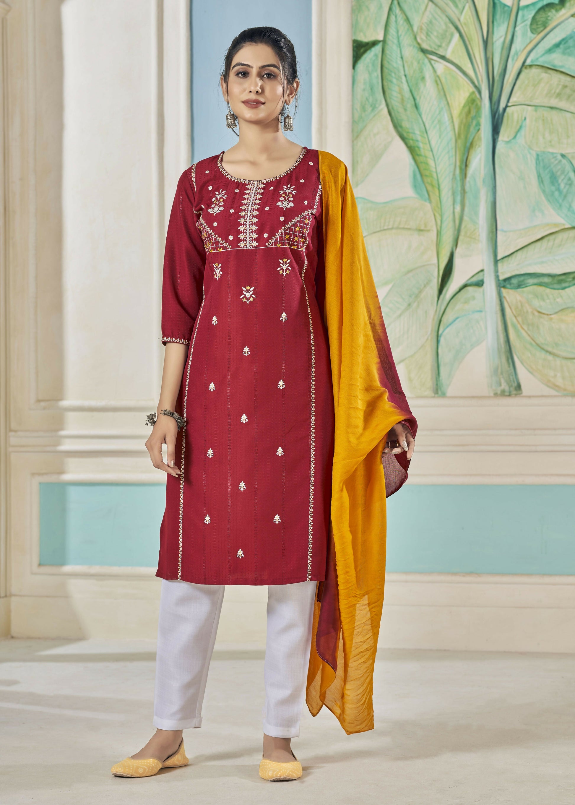 Jyoti Fashion Women's Maroon Pure Viscose Weaving Stripe with Embroidery Kurta Set | Swadesiicart