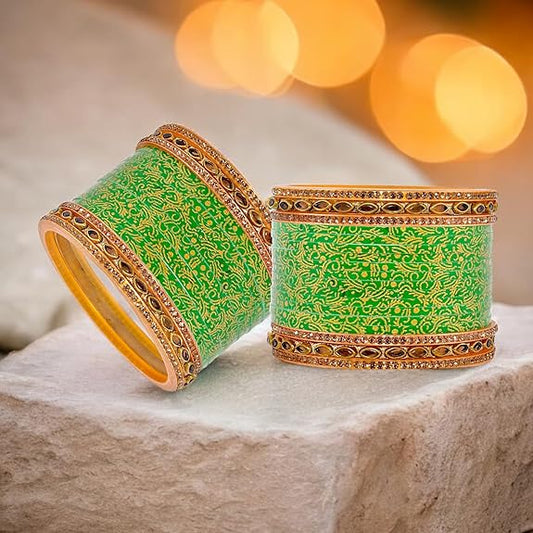 Tehzeeb Creations Bridal Bangle Set Wedding Punjabi Chuda Designer Chura CZ Stone with Kundan Stone Green Color Small Size Choora For Women - Swadesiicart
