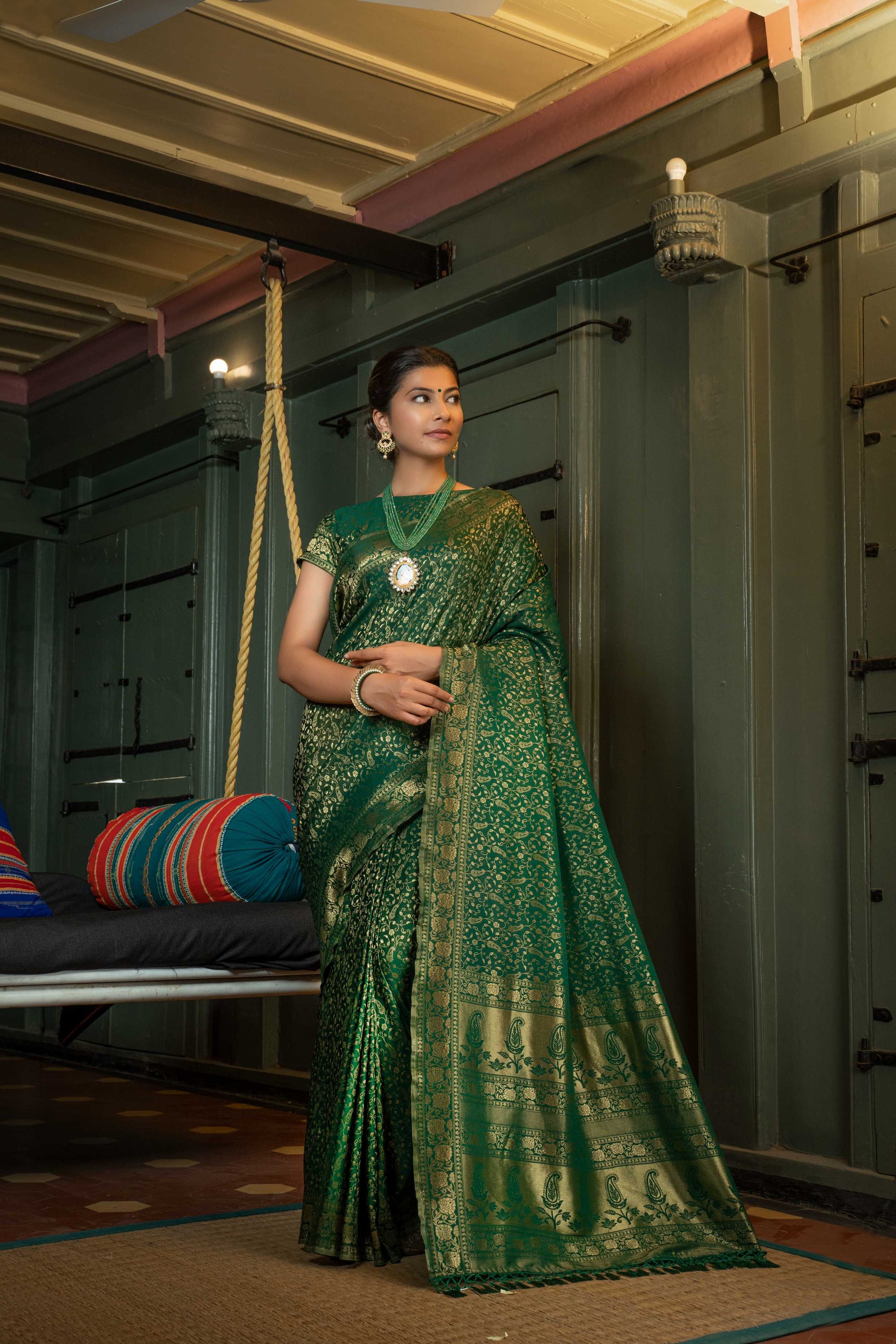 Vardha Myrtle Green Golden Zari Banarasi Satin Silk Saree | Swadesiicart