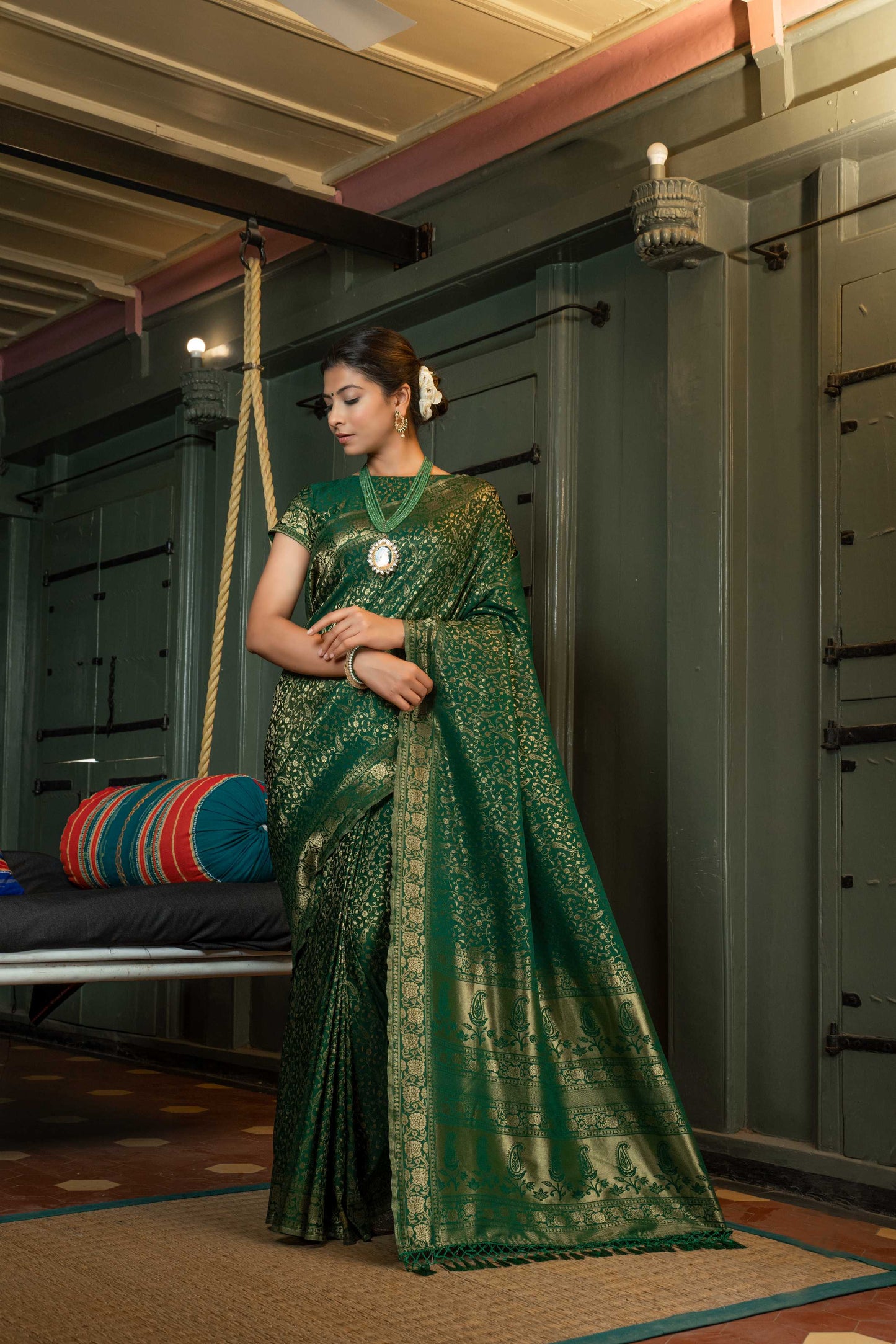 Vardha Myrtle Green Golden Zari Banarasi Satin Silk Saree | Swadesiicart