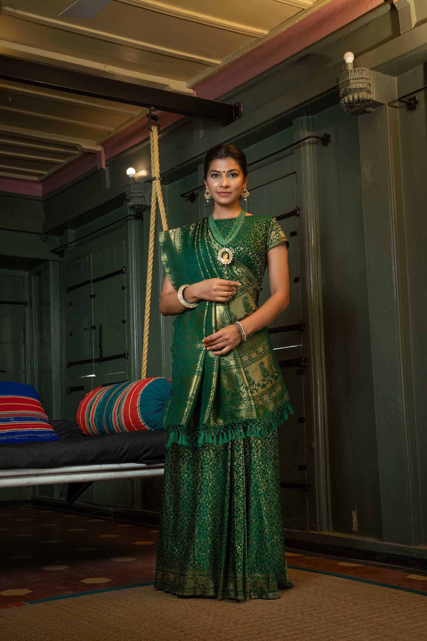 Vardha Myrtle Green Golden Zari Banarasi Satin Silk Saree | Swadesiicart