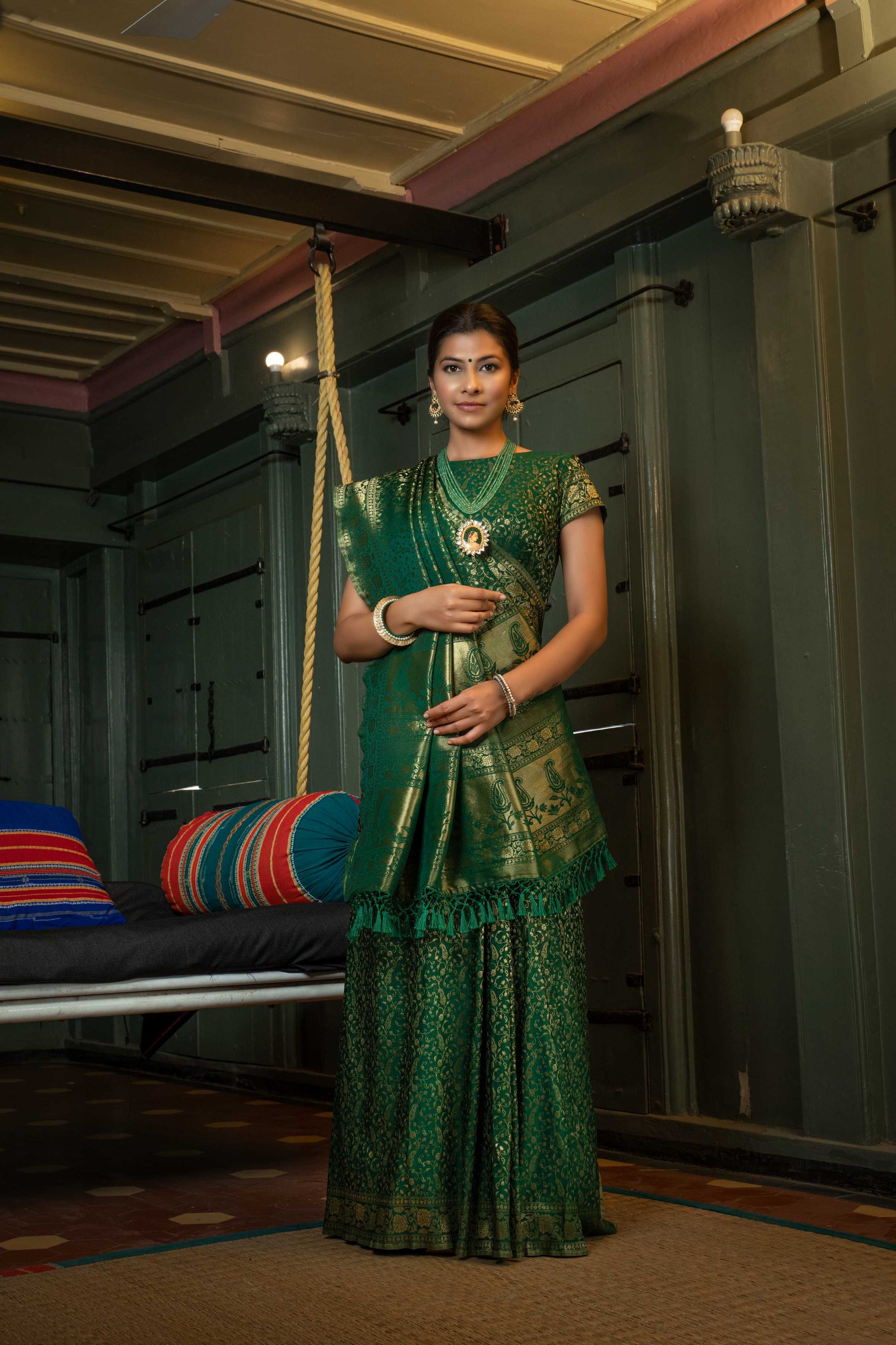 Vardha Myrtle Green Golden Zari Banarasi Satin Silk Saree | Swadesiicart