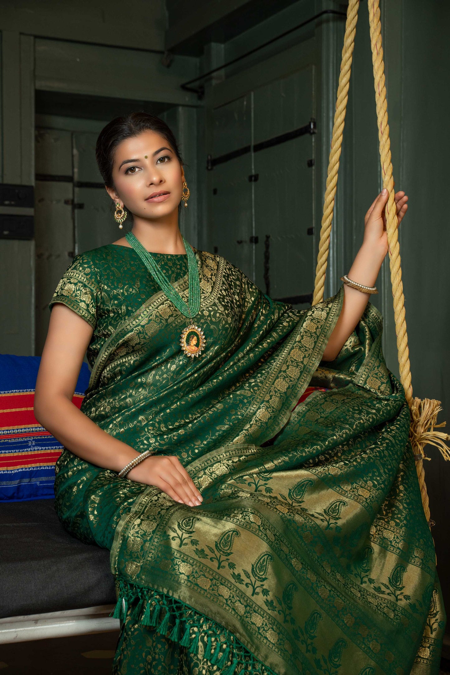 Vardha Myrtle Green Golden Zari Banarasi Satin Silk Saree | Swadesiicart