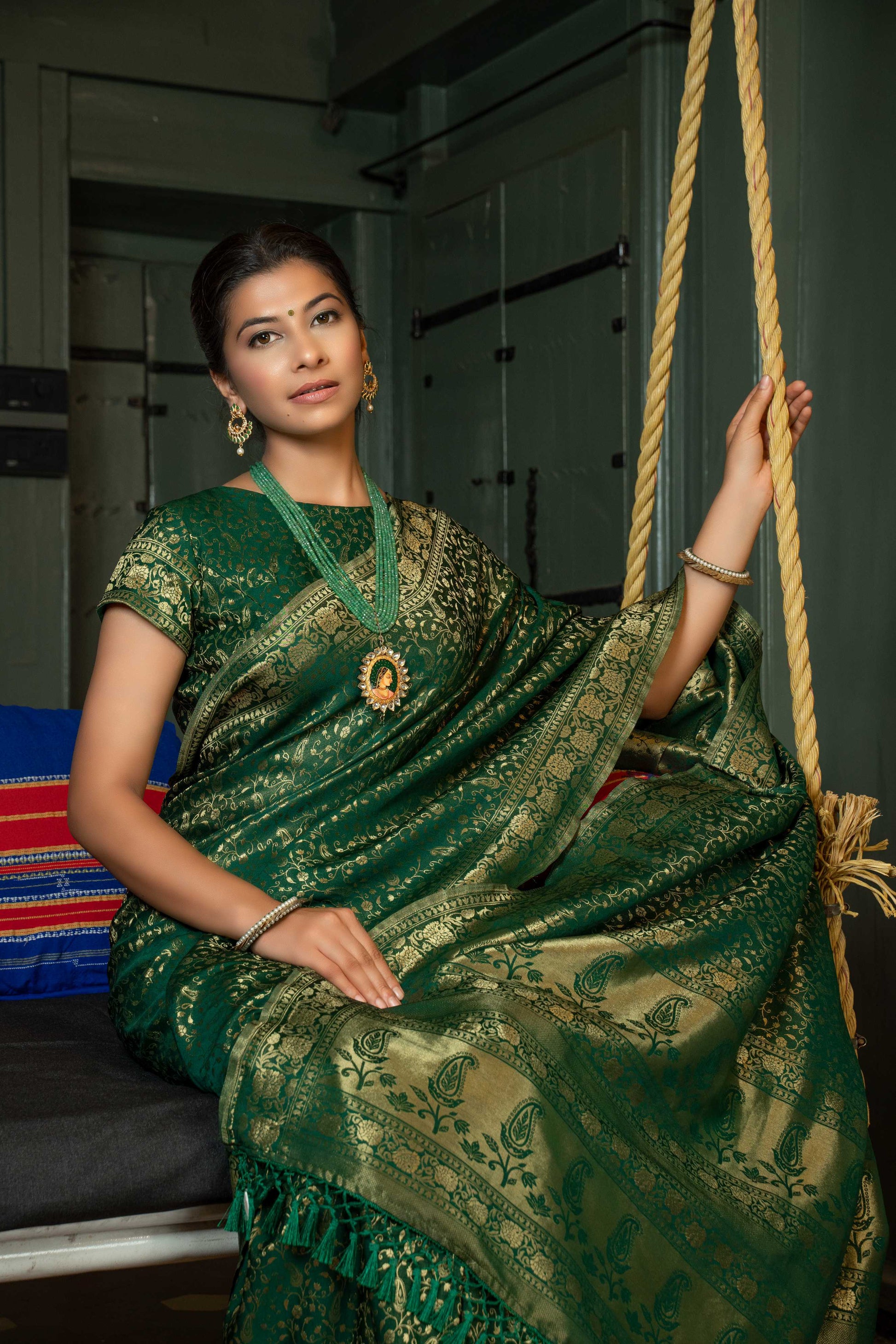 Vardha Myrtle Green Golden Zari Banarasi Satin Silk Saree | Swadesiicart