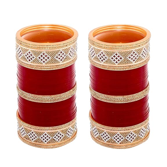 Tehzeeb Creations Bridal Bangle Set Wedding Punjabi Chuda Designer Chura CZ Stone Maroon Color Choora For Women - Swadesiicart