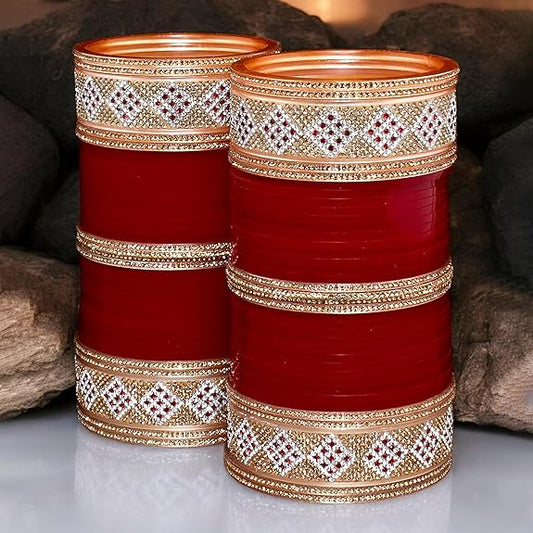 Tehzeeb Creations Bridal Bangle Set Wedding Punjabi Chuda Designer Chura CZ Stone Maroon Color Choora For Women - Swadesiicart