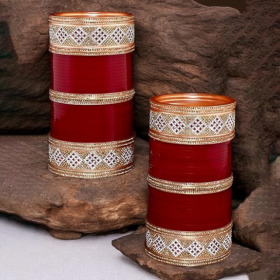 Tehzeeb Creations Bridal Bangle Set Wedding Punjabi Chuda Designer Chura CZ Stone Maroon Color Choora For Women - Swadesiicart