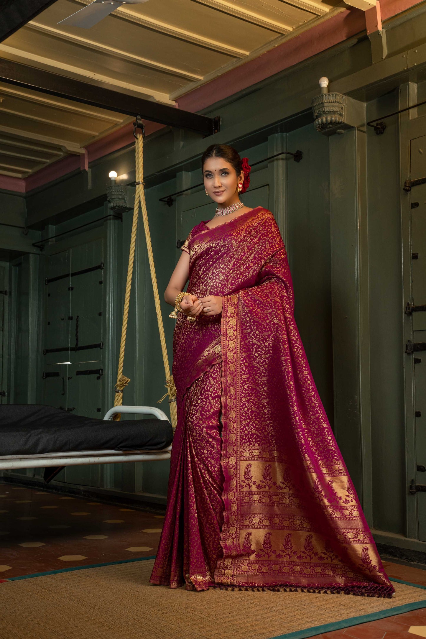 Vardha Wine Purple Golden Zari Banarasi Satin Silk Saree | Swadesiicart